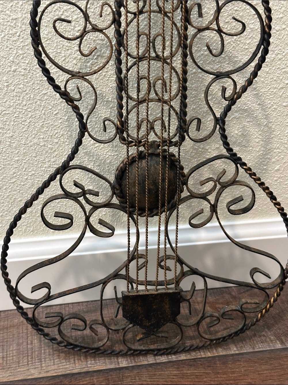 Ornate Metal Guitar Wall Sculpture in Black with distressed Bronze accents - Picture 5 of 8